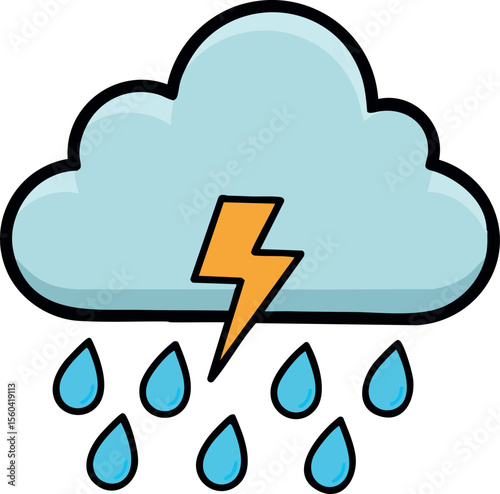 Thunderstorm cloud with lightning and rain droplets weather icon vector design illustration