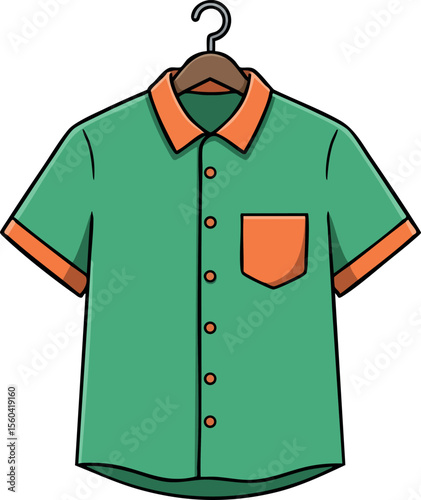 Green short sleeve shirt with orange collar and pocket hanging on wooden hanger vector illustration
