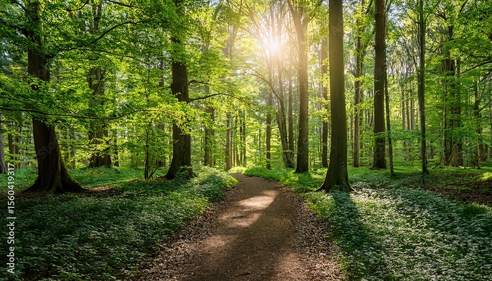 sunlit forest path surrounded by lush spring green trees creating a serene and tranquil nature scene sunlit forest path surrounded by lush spring green trees creating a serene and tranquil nature scene