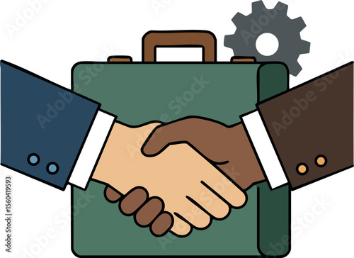 Business handshake with briefcase and gear symbolizing partnership and teamwork success in corporate environment vector illustration