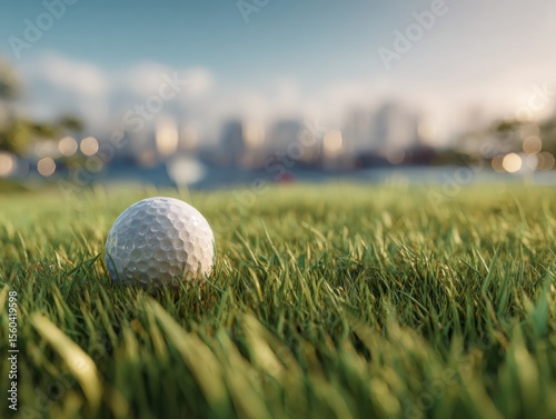 Golf ball on neatly cut grass with a blurred background of a golf course