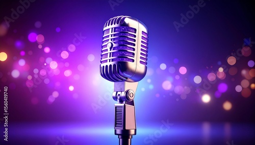 holographic wireframe microphone design on sparkling purple background for modern music theme