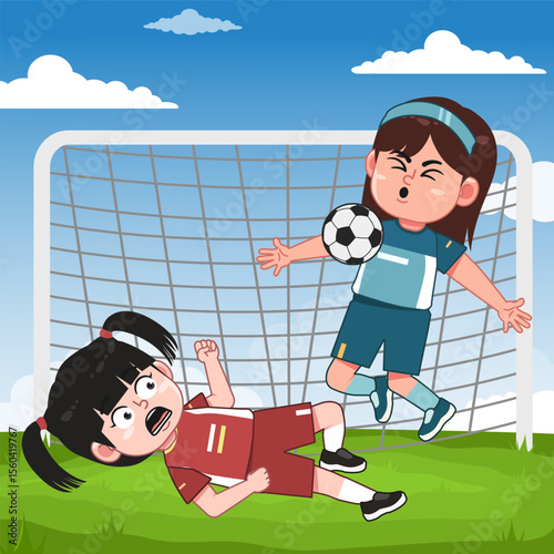 Cute Girl Cartoon Character Playing Football With Friend Match