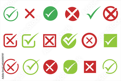 Right or wrong icons. icon with correct, accept checkmark icons tick box checked. . Check mark icon vector design. Green check markred cross checkmarks icon. Green tick symbol. Vector check icon