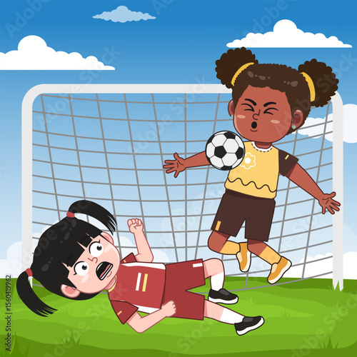 Cute Girl Cartoon Character Playing Football With Friend Versus
