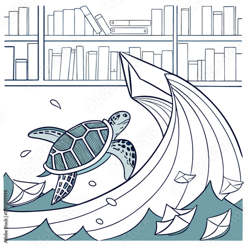 A whimsical scene of a turtle swimming through paper boats with a bookshelf in the background showing books