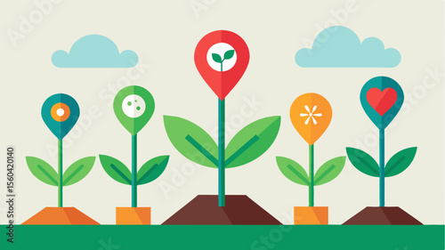 A garden with personalized plant markers representing different health areas and the individualized measures taken to nurture and grow each one.. Vector illustration