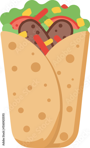Burrito filled with meat vegetables and sauce vector illustration for food design and menu decoration