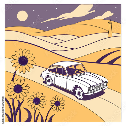 A vintage car drives down a road lined with sunflowers at night with a lighthouse in the distance