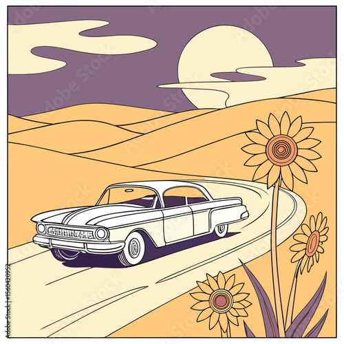 Classic car driving on a road through a landscape with sunflowers under a moonlit night sky scene