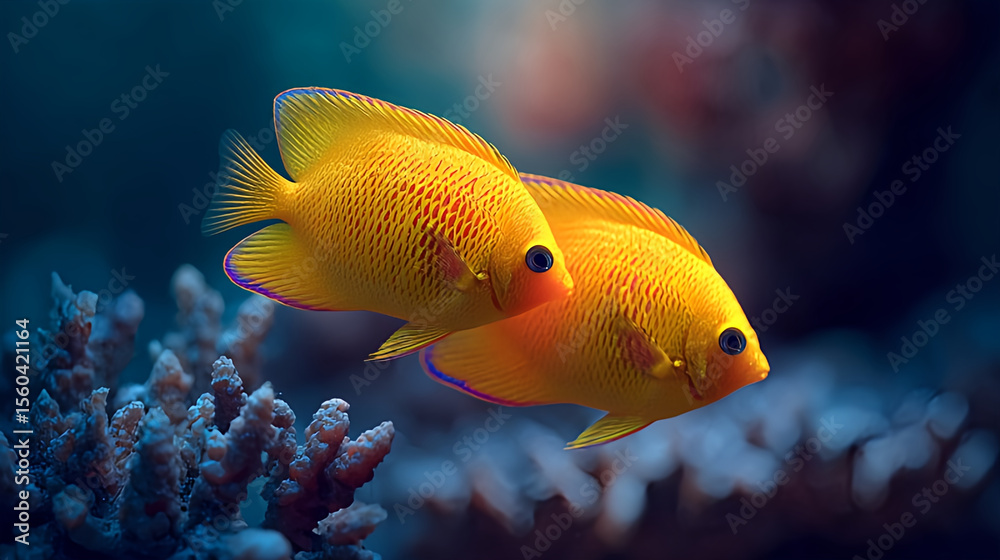 Fototapeta premium Beautiful yellow angelfish swimming in coral reef tropical ocean underwater life