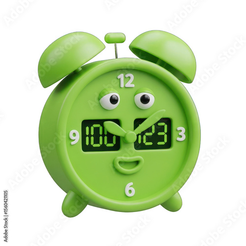 Green Cartoon Alarm Clock with Digital Display Showing Time and a Smiling Face Isolated Transparent Background