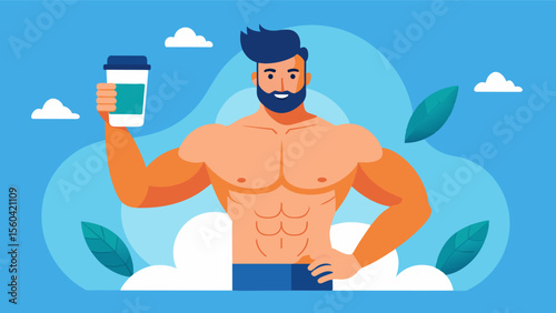 A magazine ad features a muscular male model promoting a popular protein powder and perpetuating the societal ideal of a perfect male physique.. Vector illustration