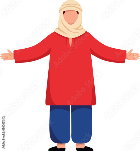 Person wearing traditional clothing in red top and blue pants with beige headscarf standing with open arms vector illustration