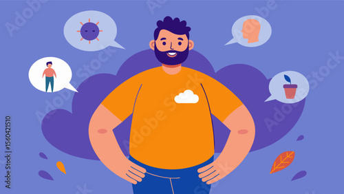 A male mental health advocate discussing the detrimental effects of body shaming on mens mental wellbeing and advocating for body positivity as a form of selfcare.. Vector illustration