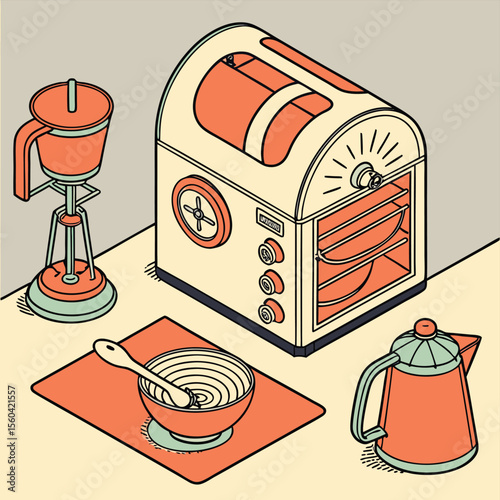 Isometric kitchen scene featuring a vintage oven, mixer, kettle, and bowl with spoon on a placemat