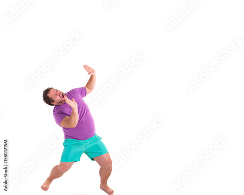 Funny fat man and fitness. White background.