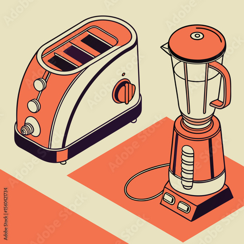 Isometric view of a toaster and a blender in shades of orange and white on a beige background
