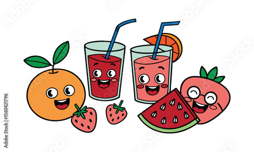 Cartoon Juices and Fruits with Smiling Faces Hand-Drawn Drink and Fruit Character Illustration