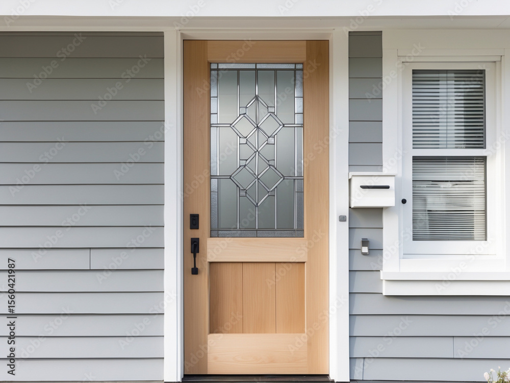 Fototapeta premium Light wooden front door with decorative glass panel, set in a grey clapboard wall with a white mailbox.