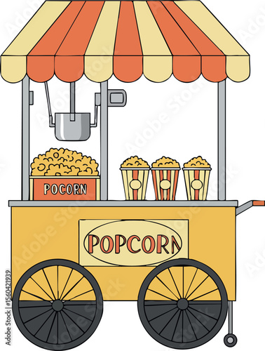 Popcorn cart with striped canopy and popcorn buckets vector illustration for street food and snack business design