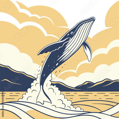 Whale breaching the ocean surface with mountains and clouds in the background in a stylized illustration