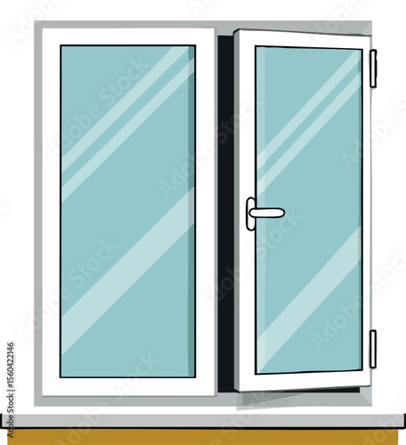 Window with open glass pane and white frame vector illustration for modern home design and architecture elements