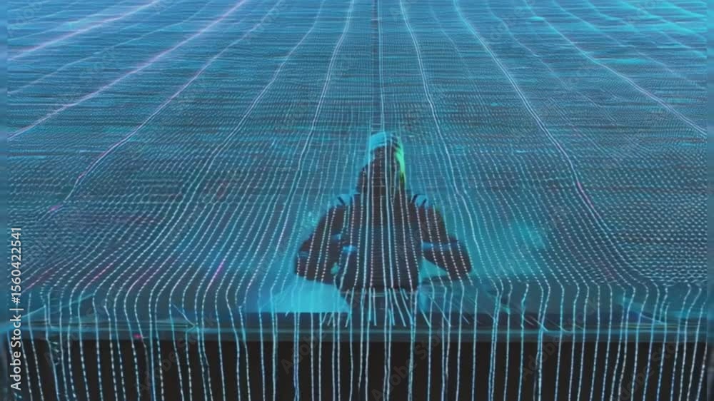 mystery hacker with a black hoodie, binary code background, and hacking a system