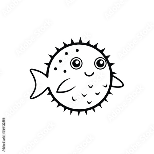Cute cartoon puffer fish with spikes and big eyes smiling happily