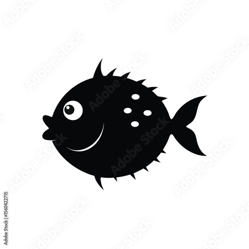Cute black silhouette of a puffer fish with spikes and spots