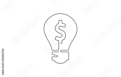 Continuous one line drawing of electric light bulb with dollar sign Concept of idea emergence, Money making idea, Creative lightbulb, Business and finance concept.