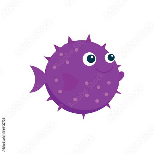 Cute cartoon purple puffer fish with spikes and big eyes smiling happily