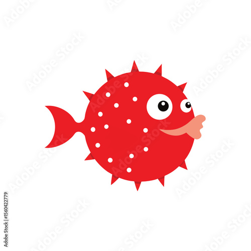 Cute cartoon red puffer fish with white dots and spikes smiling