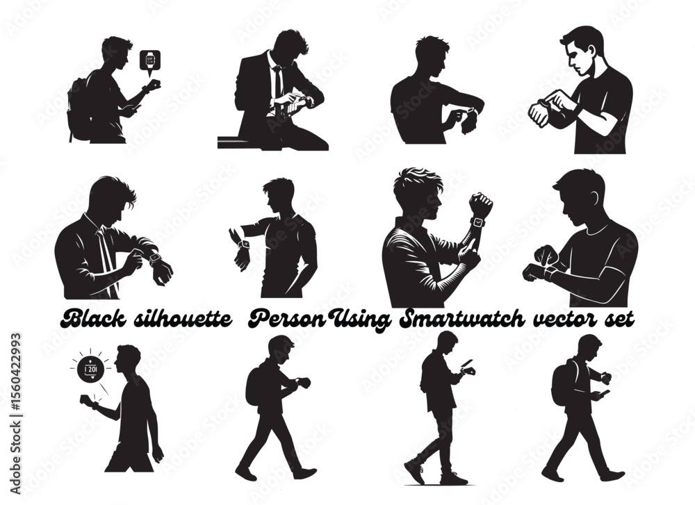 Fototapeta premium Black silhouette of person checking smartwatch time in modern tech pose on white background