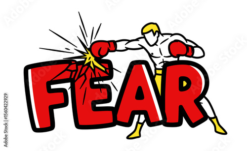 boxer punching a word Fear, comic cartoon illustration