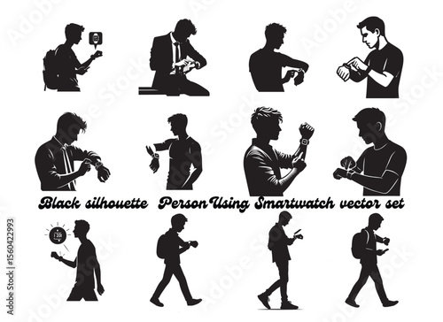 Black silhouette of person checking smartwatch time in modern tech pose on white background