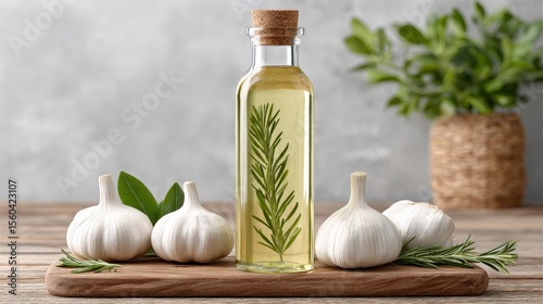 Preparing healthy garlic-infused oil with fresh raw garlic bulbs in a bakery kitchen setting for delicious culinary ingredients