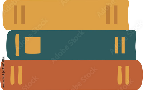 Stack of three colorful books in mustard, teal, and rust tones simple vector design educational reading concept
