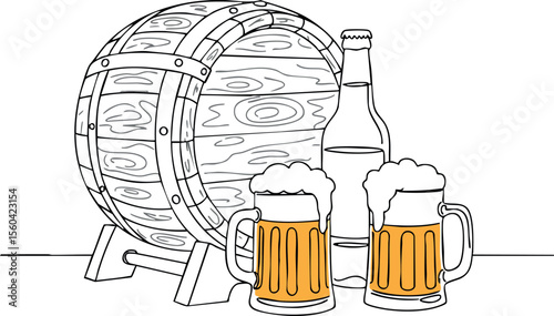 Beer barrel with two frothy beer mugs and a bottle in vector line art style for beverage design