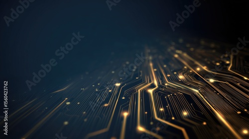 Golden circuit board with glowing lines on dark background: futuristic technology design for digital innovation, data connectivity, and high - tech concepts