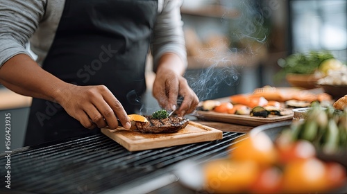 Hands skillfully grill sizzling steaks on a wooden board, adding fresh herbs while smoke wafts in a cozy kitchen atmosphere