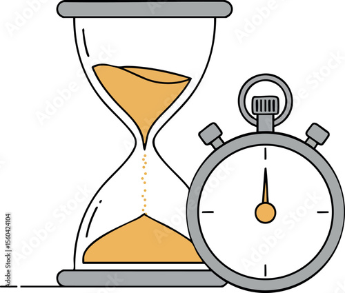 Hourglass and Stopwatch Time Measurement Concept with Yellow Sand Vector Illustration for Productivity and Deadline Management