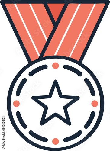 Medal with star symbol and orange ribbon vector icon for achievement and award concept design graphic