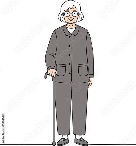Elderly woman standing with walking cane wearing grey outfit and glasses vector illustration