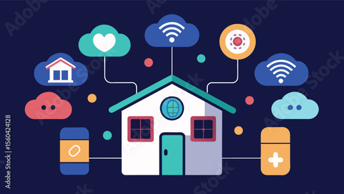 A technologydriven smart home equipped with voiceactivated controls medication reminders and cognitive stimulation games to support independence and cognitive health.. Vector illustration