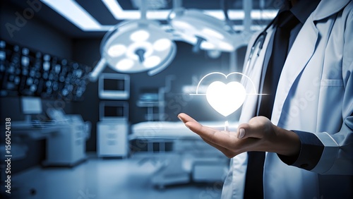 Healthcare professional hand offering heart monitor symbol surrounded by modern medical elements in clinic scene