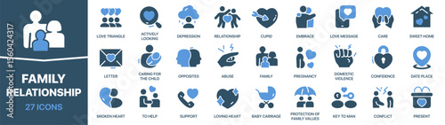 Family and relationship colored signed icon collection. Set of fill Family and relationship icons. UI icon set. Colored icons pack. Vector illustration