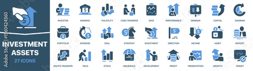 Investment and assets colored signed icon collection. Set of fill Investment and assets icons. UI icon set. Colored icons pack. Vector illustration