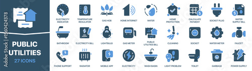 Public utilities colored signed icon collection. Set of fill Public utilities icons. UI icon set. Colored icons pack. Vector illustration