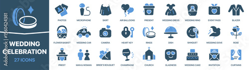 Wedding celebration colored signed icon collection. Set of fill Wedding celebration icons. UI icon set. Colored icons pack. Vector illustration